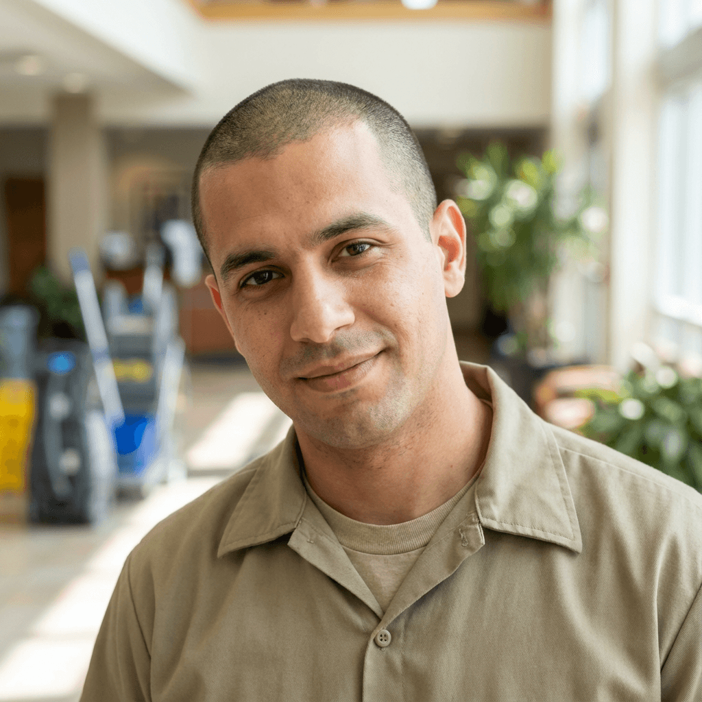 Male cemetery maintenance coordinator in his late 30s, Middle Eastern, warm professional demeanor suitable for care services