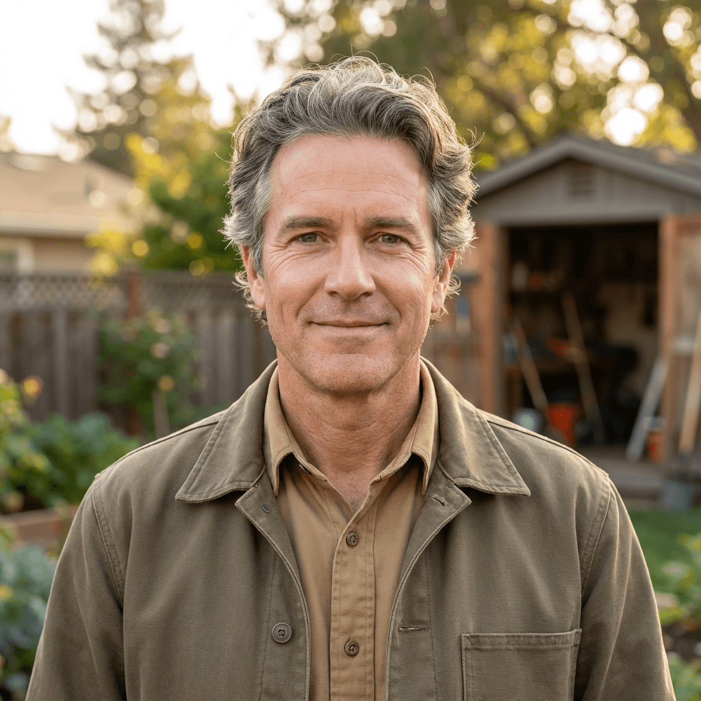 Mikhail R., a man in his 60s with a calm expression, photographed in a warmly lit home