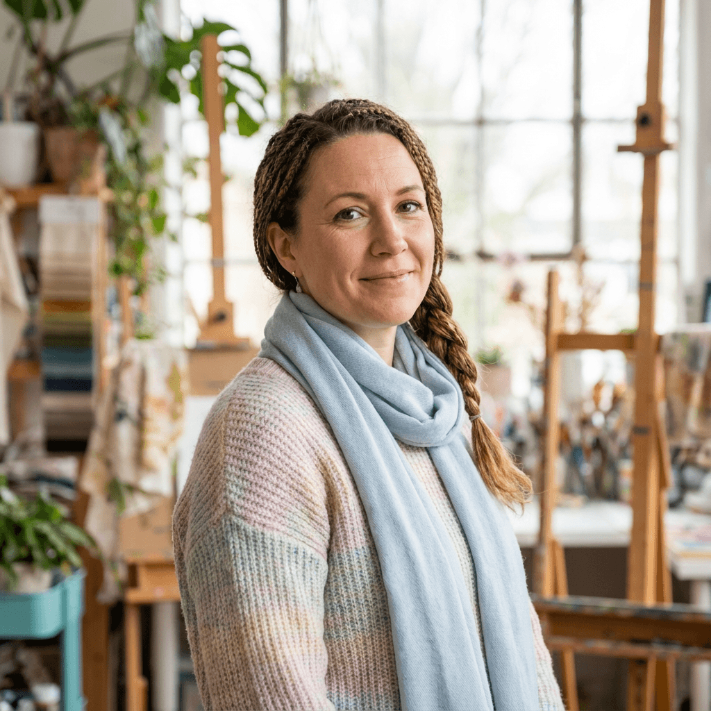 Elena K., a woman in her 50s with a gentle expression, photographed in soft indoor light