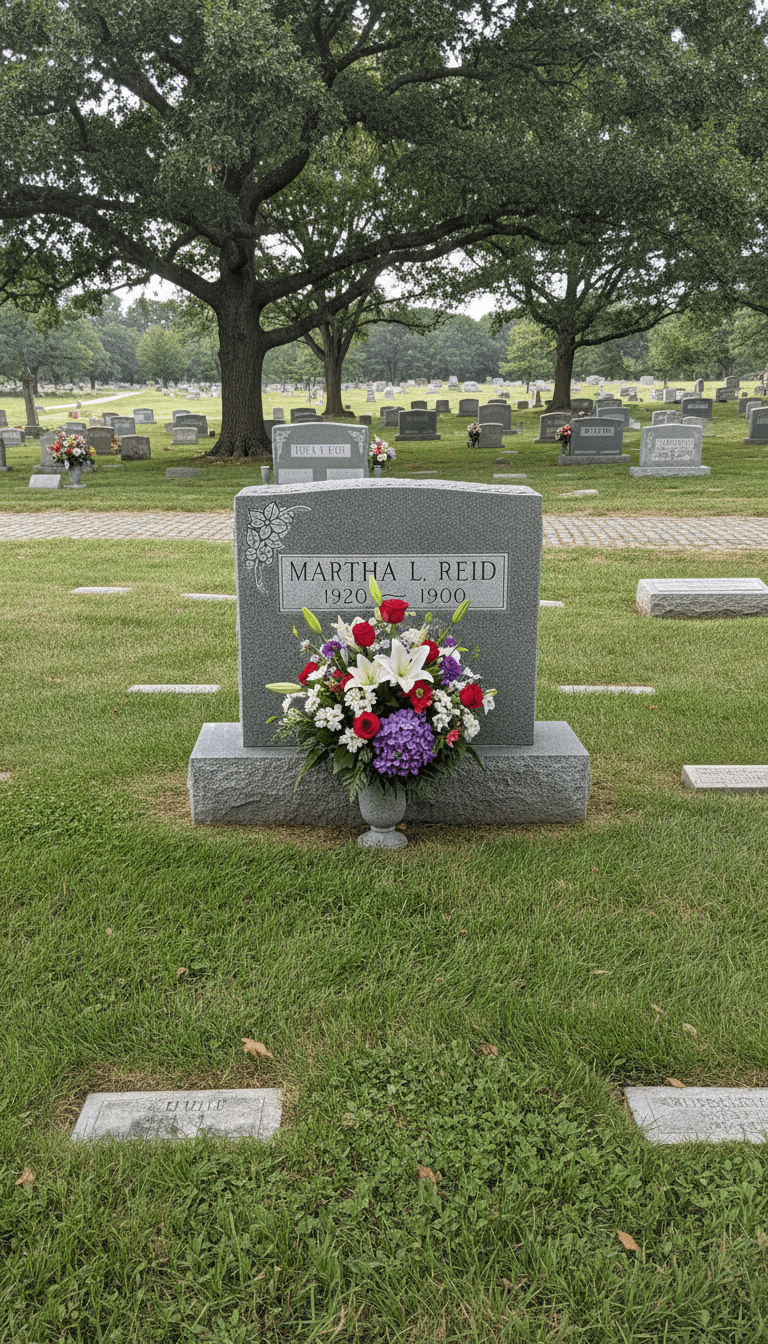 Clean and well maintained grave site with fresh flowers and trimmed grass in a peaceful cemetery