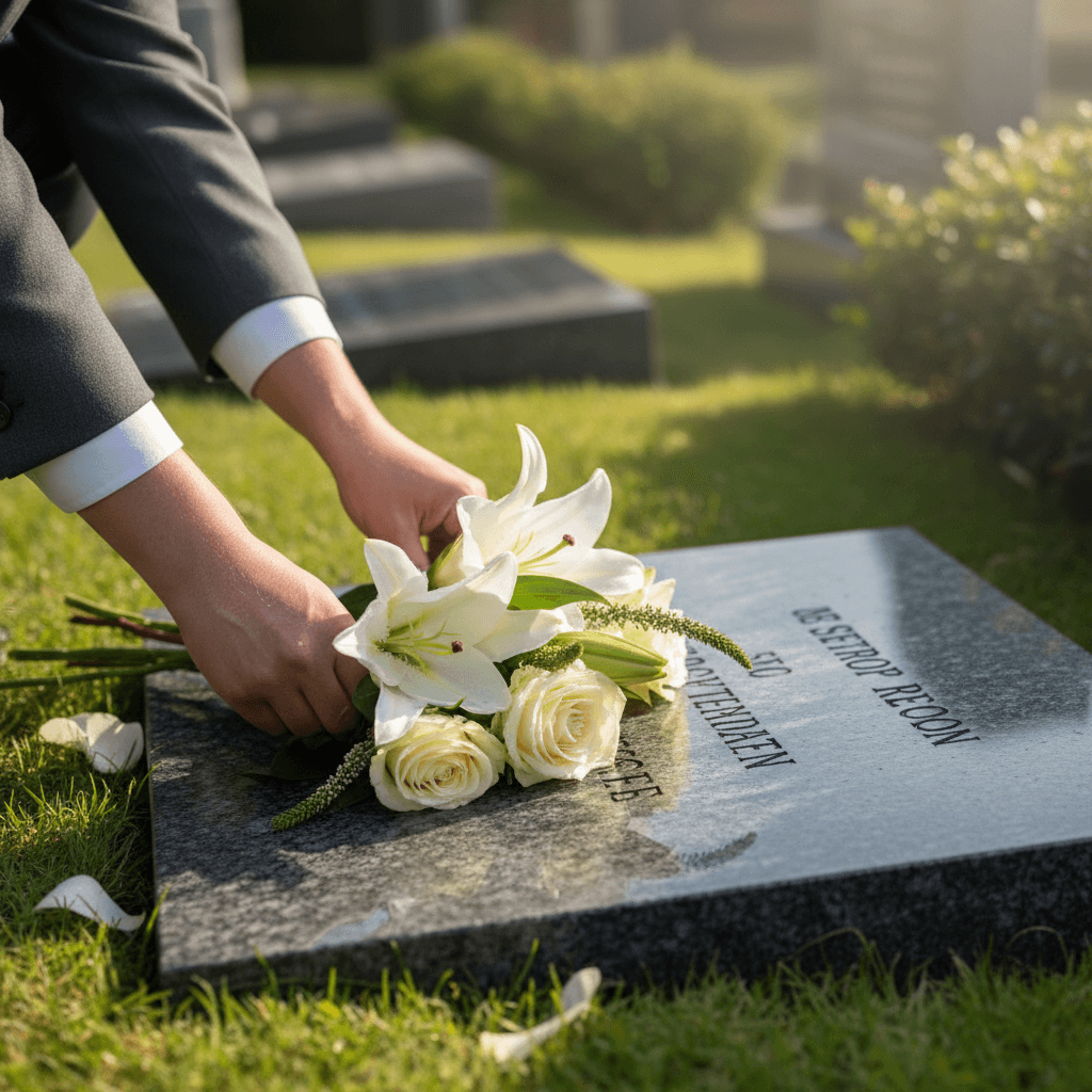 A well-maintained grave site with flowers and a clean fence