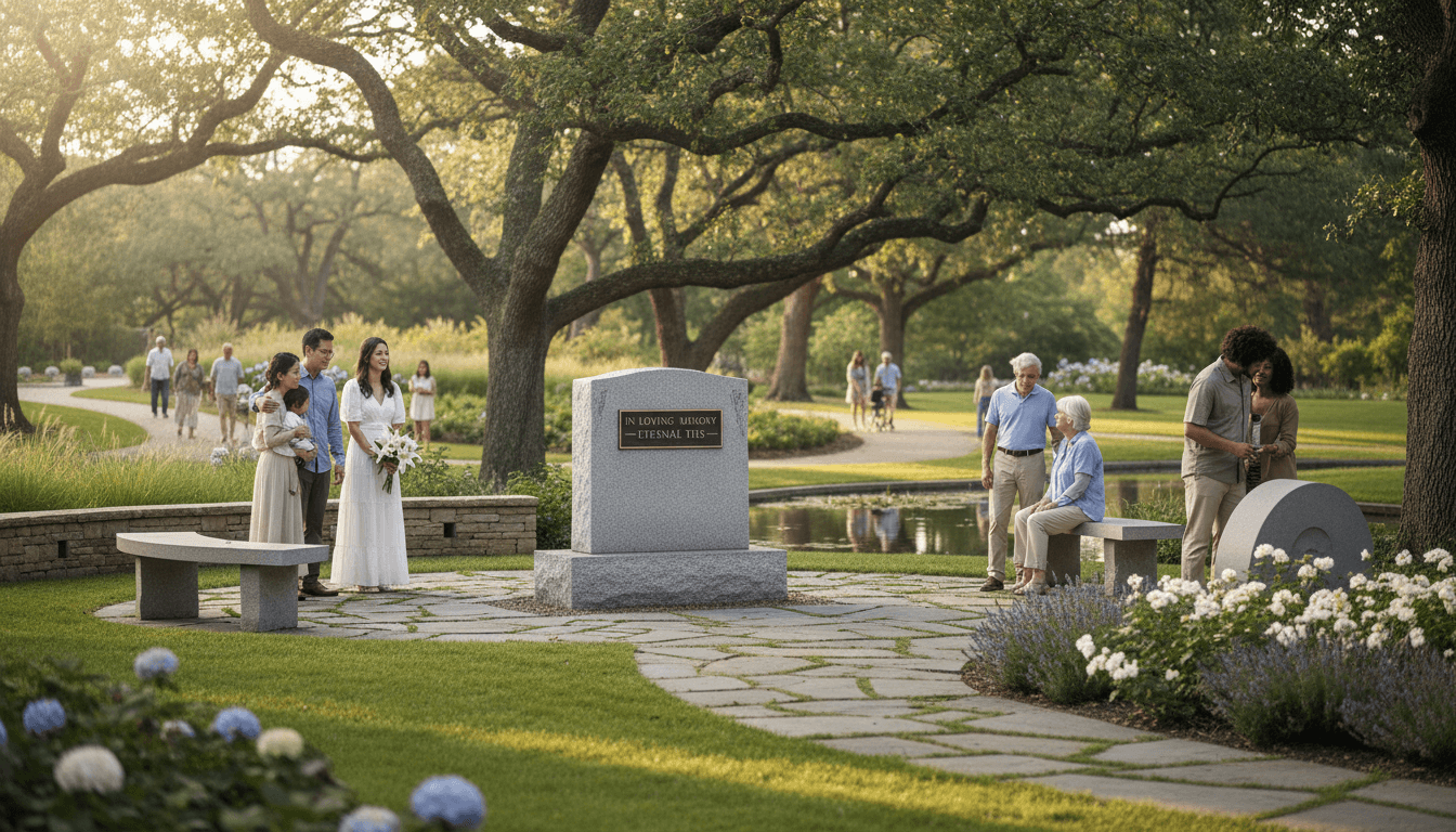 Peaceful cemetery plot with green grass and a small monument in soft daylight