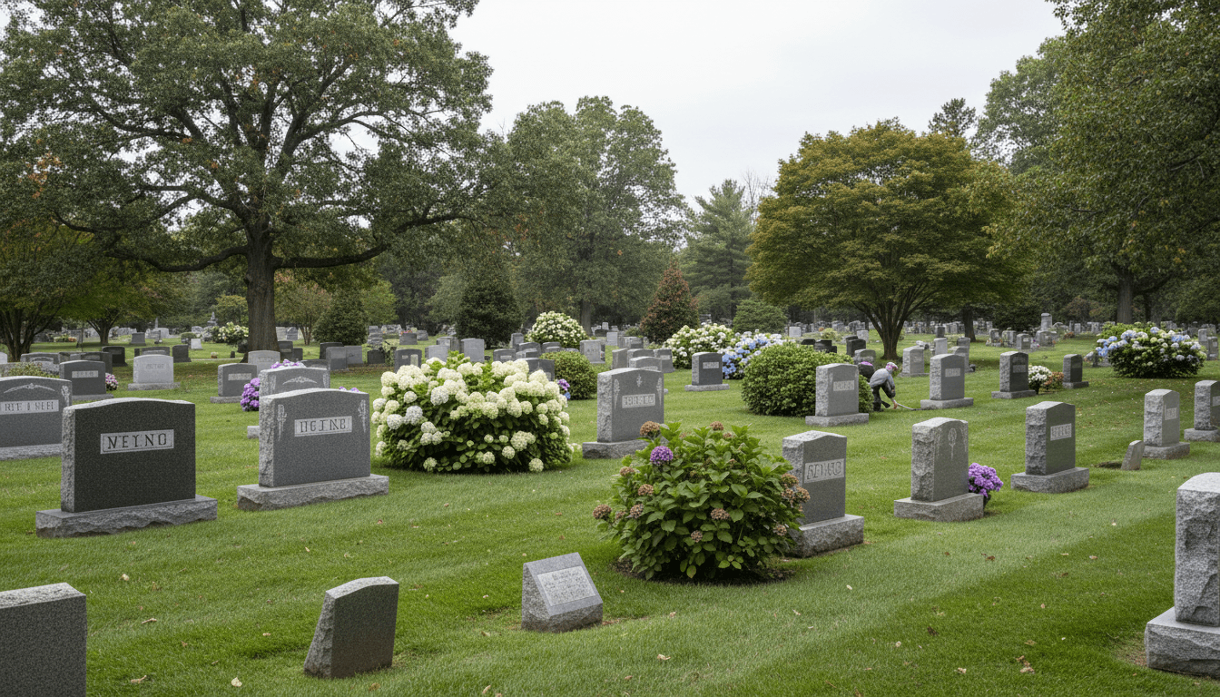 A tidy grave site in a cemetery with fresh flowers and a clean headstone