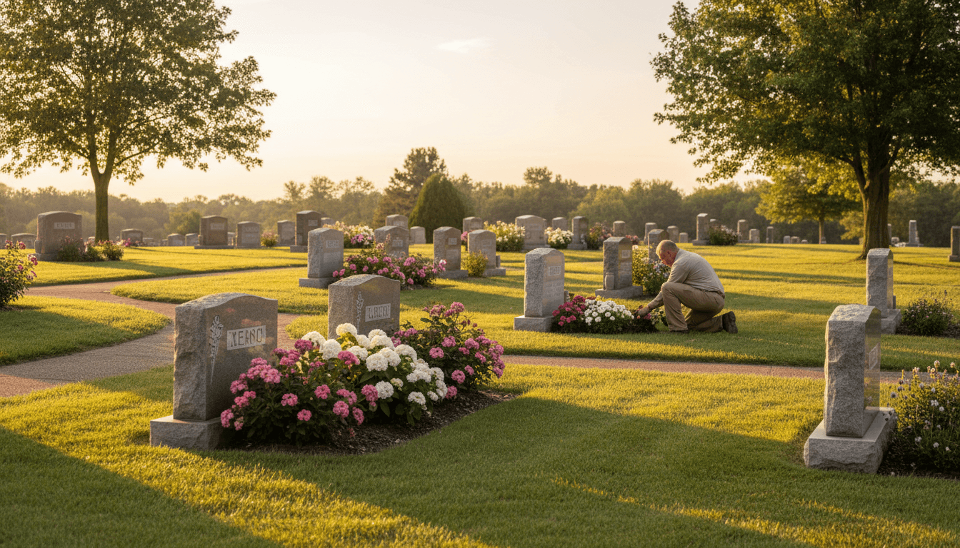 Well maintained grave site with fresh flowers and trimmed grass in cemetery