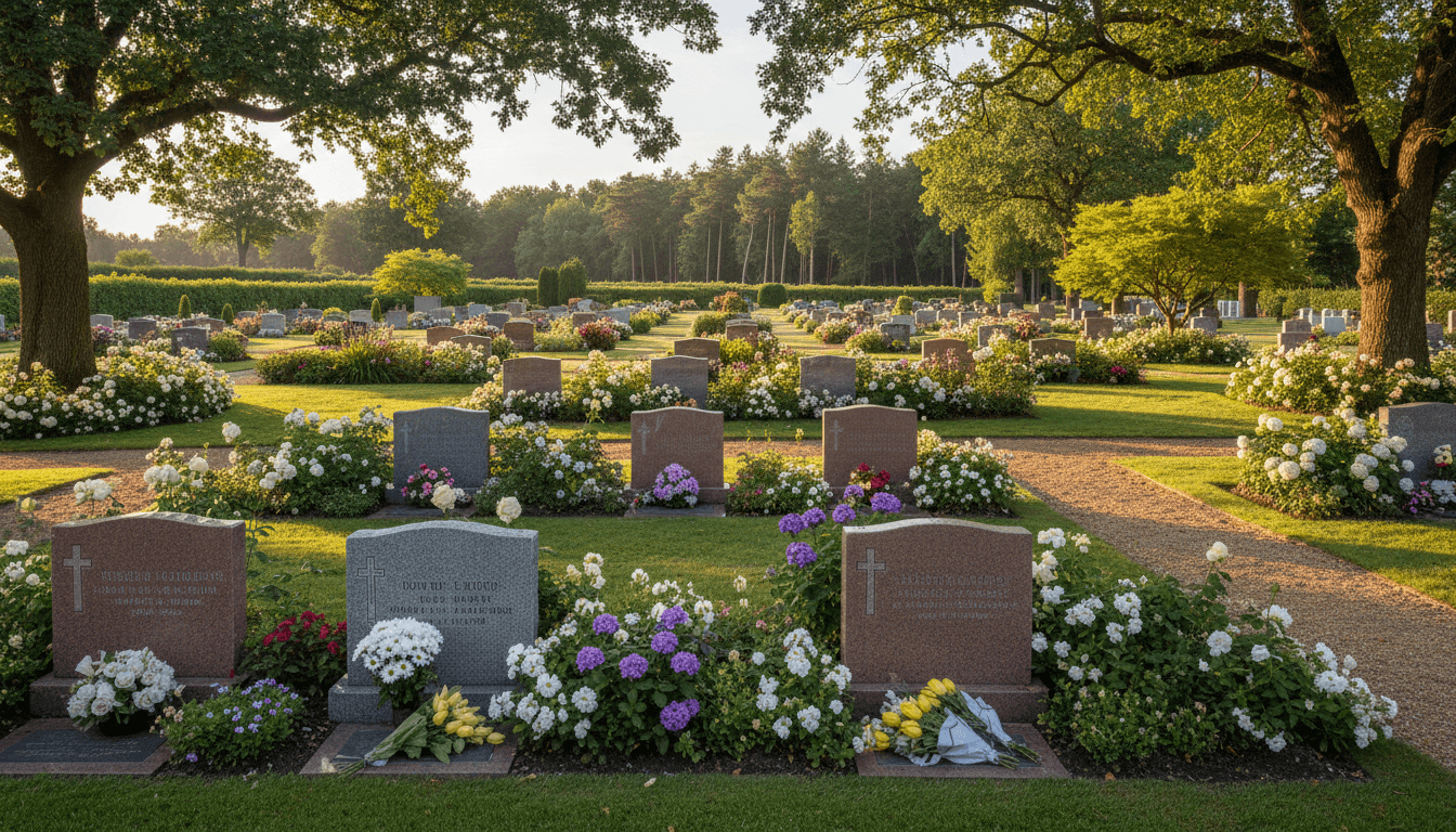 Well-tended grave site with flowers and neat lawn in peaceful cemetery